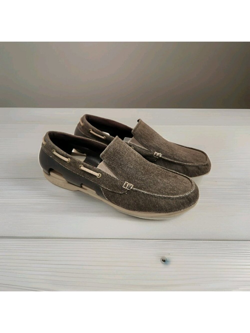 Crocs Mens Shoes Beach Line Boat Slip Ons Loafer Brown Twill Canvas Size 13